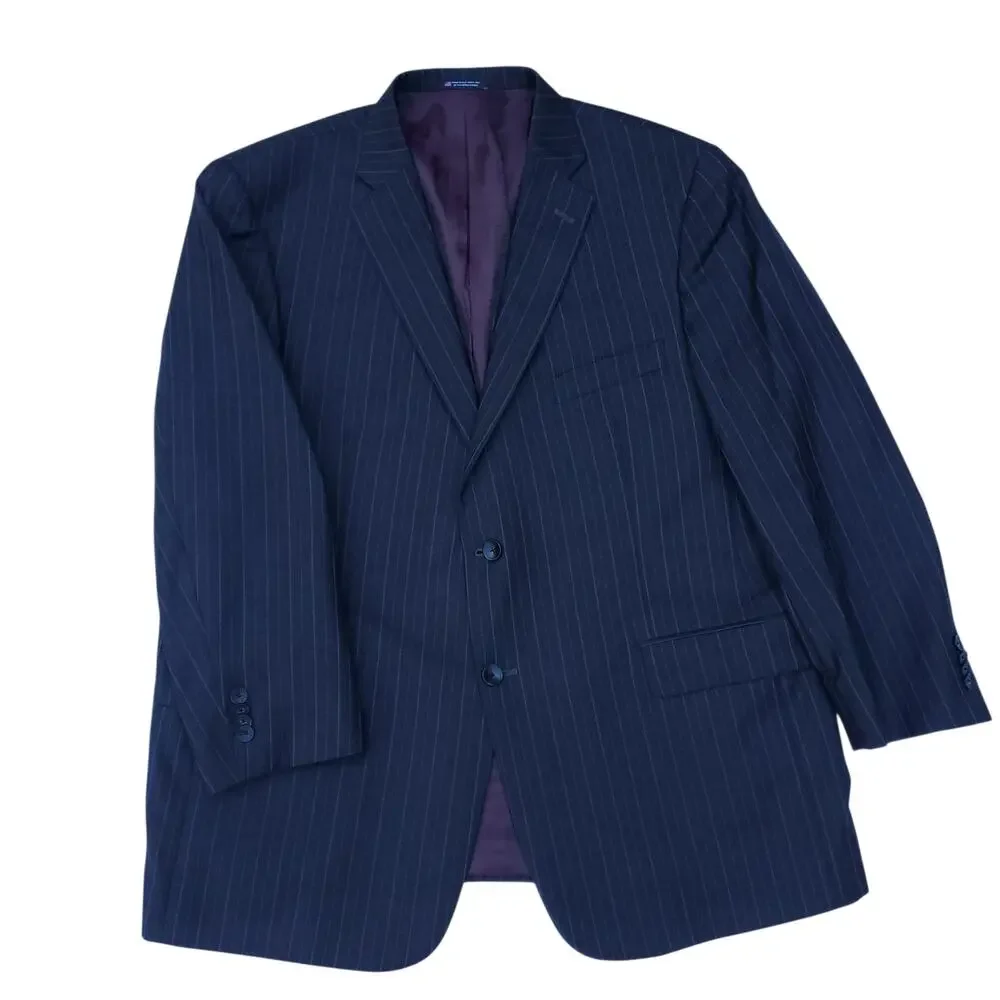 Hart Schaffner Marx 2pc Suit Blue Wool Pinstripe Jacket 48R 53x30.5 Pant 41x27